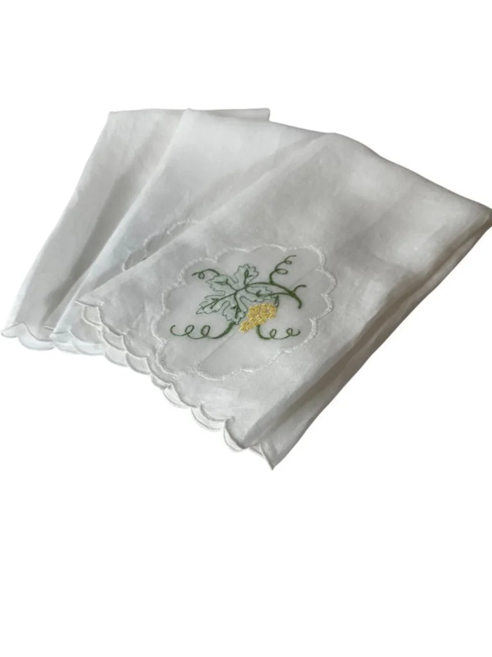 VTG Madeira Linen Guest Towels Sheer Panel Grape Embroidery Scalloped Handmade